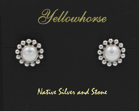 Z Artie Yellowhorse - Navajo<br>ERPPSB<br>9/16" Earrings<br>8mm White<br>Freshwater Pearl<br>Single Bead<br>Post<br>Sterling Silver