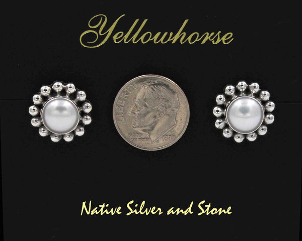 Z Artie Yellowhorse - Navajo<br>ERPPSB<br>9/16" Earrings<br>8mm White<br>Freshwater Pearl<br>Single Bead<br>Post<br>Sterling Silver
