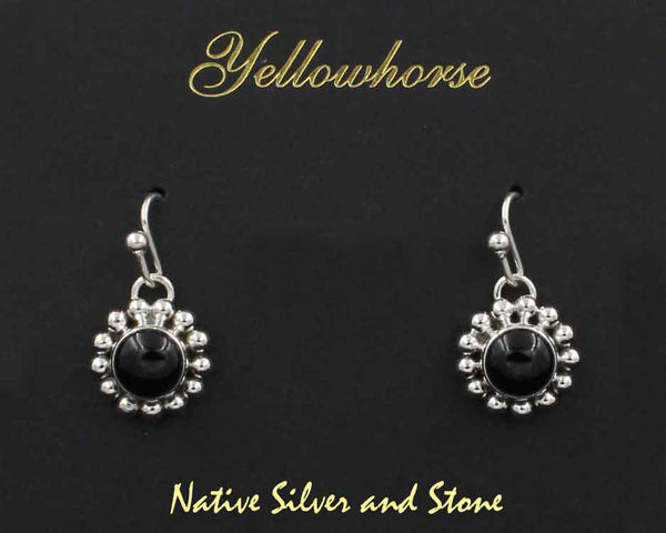 Z Artie Yellowhorse - Navajo<br>9/16" Earrings <br>8mm Round<br>Onyx<br>Single Bead<br>Hook<br>Sterling Silver