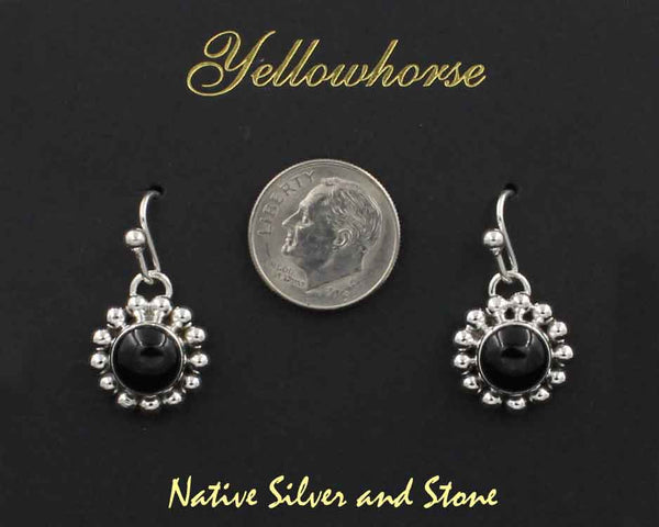 Z Artie Yellowhorse - Navajo<br>9/16" Earrings <br>8mm Round<br>Onyx<br>Single Bead<br>Hook<br>Sterling Silver