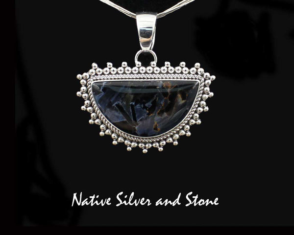 Artie Yellowhorse - Navajo<br>PPTBB<br>Pendant<br>Large Horizontal Freeform<br>Natural Pietersite/Pietercite<br>Blue Dominant<br>Twistwire & Scatterdot<br>Sterling Silver