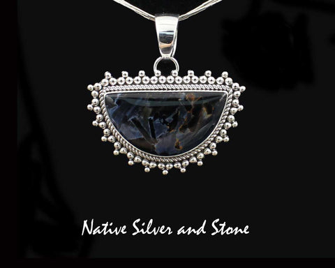 Artie Yellowhorse - Navajo<br>PPTBB<br>Pendant<br>Large Horizontal Freeform<br>Natural Pietersite/Pietercite<br>Blue Dominant<br>Twistwire & Scatterdot<br>Sterling Silver