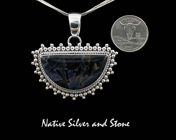 Artie Yellowhorse - Navajo<br>PPTBB<br>Pendant<br>Large Horizontal Freeform<br>Natural Pietersite/Pietercite<br>Blue Dominant<br>Twistwire & Scatterdot<br>Sterling Silver