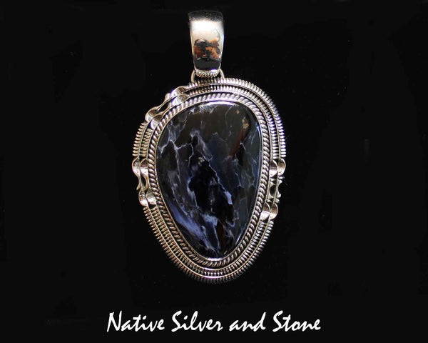 Z Artie Yellowhorse - Navajo Pendant<br>Large Vertical Freeform<br>Natural Pietersite/Pietercite<br>Blue Dominant<br>Handmade Sterling Silver<br>Twistwire & Double Sawcut