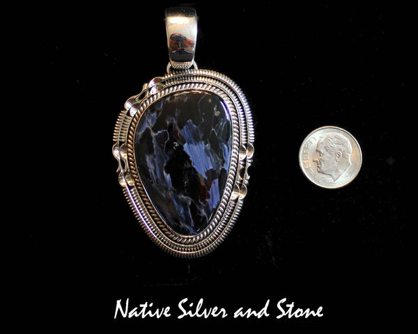 Z Artie Yellowhorse - Navajo Pendant<br>Large Vertical Freeform<br>Natural Pietersite/Pietercite<br>Blue Dominant<br>Handmade Sterling Silver<br>Twistwire & Double Sawcut