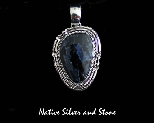 Z Artie Yellowhorse - Navajo Pendant<br>Large Vertical Freeform<br>Natural Pietersite/Pietercite<br>Blue Dominant<br>Handmade Sterling Silver<br>Twistwire & Double Sawcut