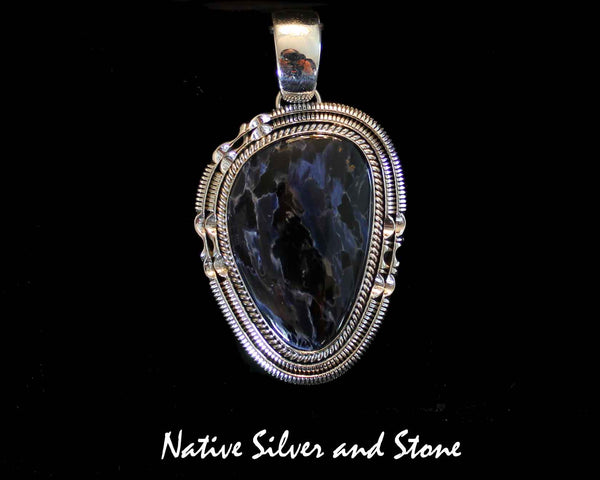 Z Artie Yellowhorse - Navajo Pendant<br>Large Vertical Freeform<br>Natural Pietersite/Pietercite<br>Blue Dominant<br>Handmade Sterling Silver<br>Twistwire & Double Sawcut