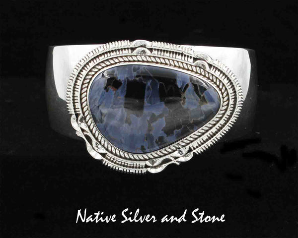 Z Artie Yellowhorse - Navajo Jewelry<br>Bracelet Cuff - Handmade<br>Blue Pietersite/Pietercite Soft Triangle<br>with Sterling Silver Twist and <br>Pinched Double Sawcuts Perimeter<br>Size 6-5/8 (Small-Medium)