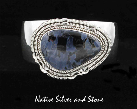 Z Artie Yellowhorse - Navajo Jewelry<br>Bracelet Cuff - Handmade<br>Blue Pietersite/Pietercite Soft Triangle<br>with Sterling Silver Twist and <br>Pinched Double Sawcuts Perimeter<br>Size 6-5/8 (Small-Medium)