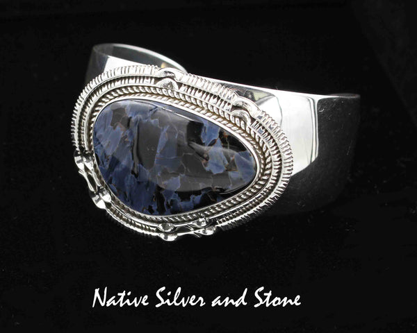 Z Artie Yellowhorse - Navajo Jewelry<br>Bracelet Cuff - Handmade<br>Blue Pietersite/Pietercite Soft Triangle<br>with Sterling Silver Twist and <br>Pinched Double Sawcuts Perimeter<br>Size 6-5/8 (Small-Medium)