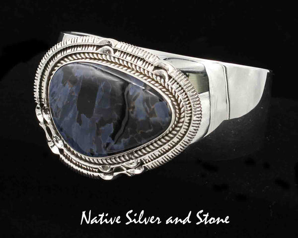 Z Artie Yellowhorse - Navajo Jewelry<br>Bracelet Cuff - Handmade<br>Blue Pietersite/Pietercite Soft Triangle<br>with Sterling Silver Twist and <br>Pinched Double Sawcuts Perimeter<br>Size 6-5/8 (Small-Medium)