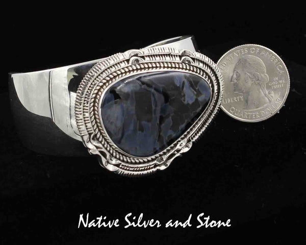 Z Artie Yellowhorse - Navajo Jewelry<br>Bracelet Cuff - Handmade<br>Blue Pietersite/Pietercite Soft Triangle<br>with Sterling Silver Twist and <br>Pinched Double Sawcuts Perimeter<br>Size 6-5/8 (Small-Medium)