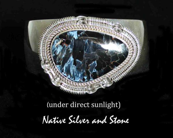 Z Artie Yellowhorse - Navajo Jewelry<br>Bracelet Cuff - Handmade<br>Blue Pietersite/Pietercite Soft Triangle<br>with Sterling Silver Twist and <br>Pinched Double Sawcuts Perimeter<br>Size 6-5/8 (Small-Medium)