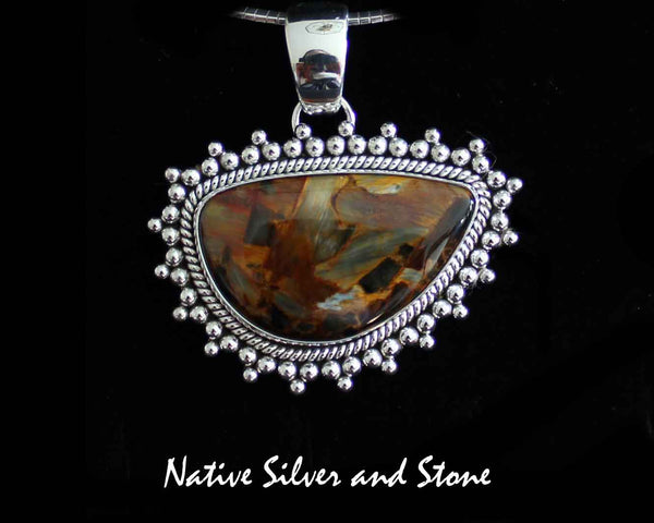 Z Artie Yellowhorse - Navajo<br>1-1/2"  Pendant<br>Natural Pietersite/Pietercite -Medium Large Horizontal Freeform <br>Brown-Gold-Olive<br>Twist & Burst Bead<br>Sterling Silver
