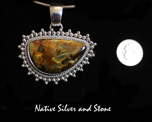 Z Artie Yellowhorse - Navajo<br>1-1/2"  Pendant<br>Natural Pietersite/Pietercite -Medium Large Horizontal Freeform <br>Brown-Gold-Olive<br>Twist & Burst Bead<br>Sterling Silver