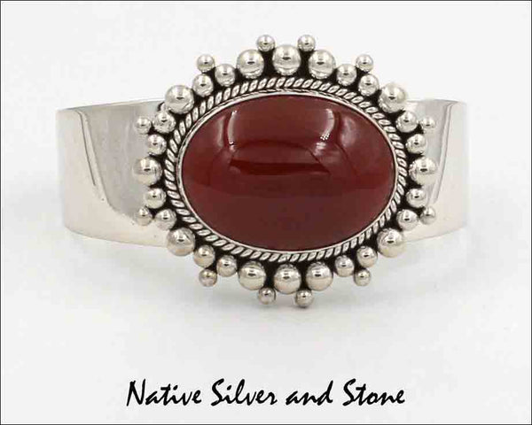 Z Artie Yellowhorse - Navajo<br>BRCNST<br>7/8" Carnelian Bracelet<br>30mm x 21mm Horizontal Oval Cuff<br>Silver Twist & Scatterdot/Burst Bead<br>Size 6-1/8 (Small-Medium)