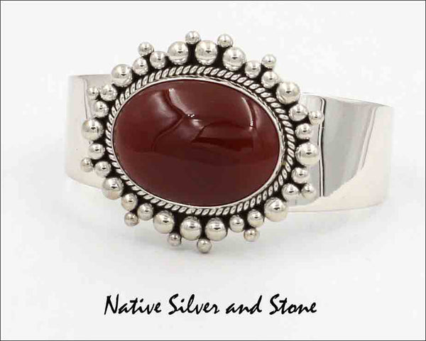 Z Artie Yellowhorse - Navajo<br>BRCNST<br>7/8" Carnelian Bracelet<br>30mm x 21mm Horizontal Oval Cuff<br>Silver Twist & Scatterdot/Burst Bead<br>Size 6-1/8 (Small-Medium)