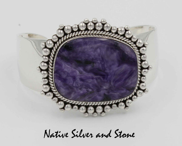 Z Artie Yellowhorse - Navajo<br>1" Bracelet Cuff<br>Charoite Rectangle - Large<br>Single Twist & Multi Beads<br>Sterling Silver<br>Size 6-3/8+ (adjustable)