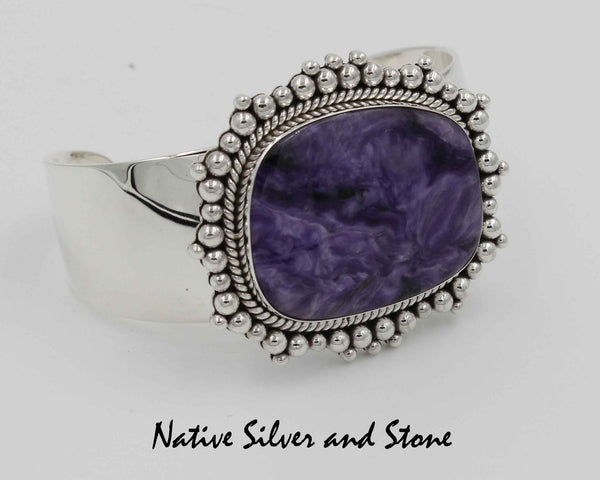 Z Artie Yellowhorse - Navajo<br>1" Bracelet Cuff<br>Charoite Rectangle - Large<br>Single Twist & Multi Beads<br>Sterling Silver<br>Size 6-3/8+ (adjustable)