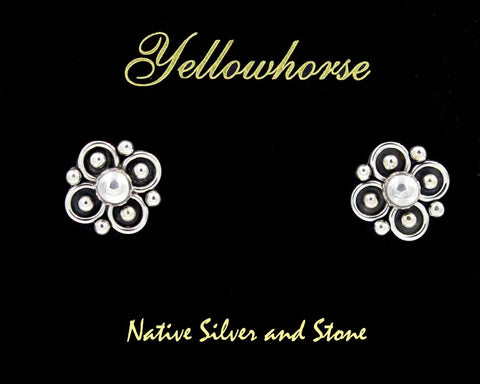 Artie Yellowhorse - Navajo<br>5/8" Earrings <br>4 Leaf Clover/Flower - Small<br>Shadowbox<br>Post<br>Sterling Silver