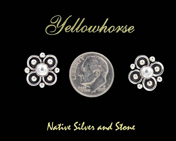 Z Artie Yellowhorse<br>Navajo Jewelry<br>Handmade Earrings - Post<br>Small 4 Leaf Clover/Flower 5/8"<br>Shadowbox Sterling Silver
