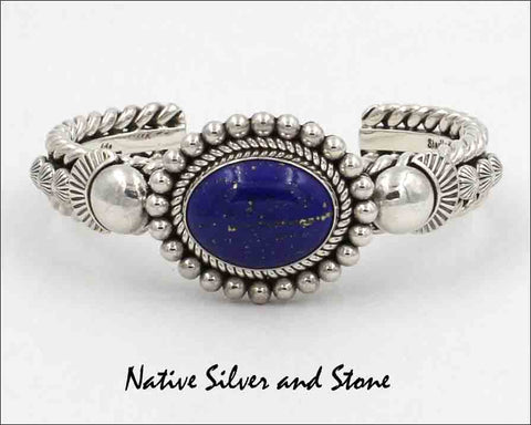 Z Artie Yellowhorse - Navajo<br>BCLTSBST<br>7/16" Bracelet Cuff<br>19mm x 15mm Lapis Lazuli Oval<br>Single Twist & Bead<br>Stamping<br>Sterling Silver<br>Size 6-1/8 (Medium-Small)
