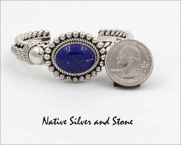 Z Artie Yellowhorse - Navajo<br>BCLTSBST<br>7/16" Bracelet Cuff<br>19mm x 15mm Lapis Lazuli Oval<br>Single Twist & Bead<br>Stamping<br>Sterling Silver<br>Size 6-1/8 (Medium-Small)