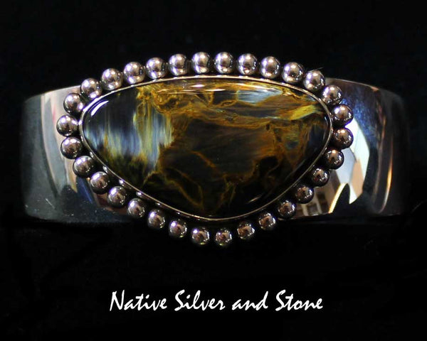 Z Artie Yellowhorse - Navajo Jewelry<br>Bracelet Cuff - Handmade<br>Brown Pietersite/Pietercite Soft Triangle<br>with Sterling Silver Dots Perimeter<br>Size 6-1/4 (Small-Medium)
