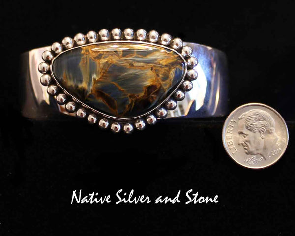 Z Artie Yellowhorse - Navajo Jewelry<br>Bracelet Cuff - Handmade<br>Brown Pietersite/Pietercite Soft Triangle<br>with Sterling Silver Dots Perimeter<br>Size 6-1/4 (Small-Medium)