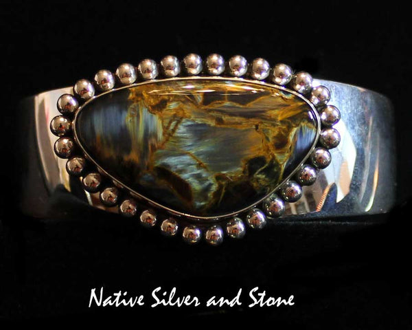 Z Artie Yellowhorse - Navajo Jewelry<br>Bracelet Cuff - Handmade<br>Brown Pietersite/Pietercite Soft Triangle<br>with Sterling Silver Dots Perimeter<br>Size 6-1/4 (Small-Medium)