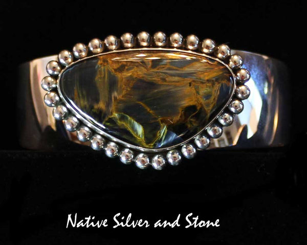 Z Artie Yellowhorse - Navajo Jewelry<br>Bracelet Cuff - Handmade<br>Brown Pietersite/Pietercite Soft Triangle<br>with Sterling Silver Dots Perimeter<br>Size 6-1/4 (Small-Medium)