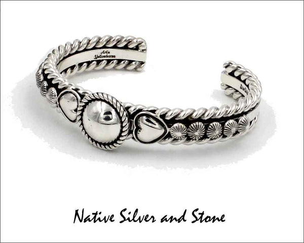 Z Artie Yellowhorse - Navajo<br>7/16" Bracelet Cuff<br>5/8" Dome w Twist<br>Dual Hearts, & Shots<br>Sterling Silver<br>Size 6-1/8 (Small-Medium)