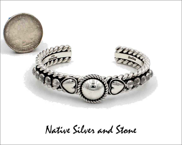 Z Artie Yellowhorse - Navajo<br>7/16" Bracelet Cuff<br>5/8" Dome w Twist<br>Dual Hearts, & Shots<br>Sterling Silver<br>Size 6-1/8 (Small-Medium)