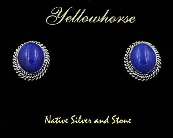 Z Artie Yellowhorse - Navajo<br>5/8" Earrings - Post<br>12mm Lapis Lazuli Oval - Vertical<br>Double Twist - Large & Small<br>Sterling Silver