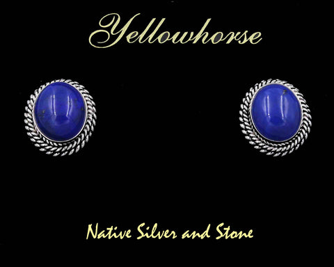 Z Artie Yellowhorse - Navajo<br>5/8" Earrings - Post<br>12mm Lapis Lazuli Oval - Vertical<br>Double Twist - Large & Small<br>Sterling Silver