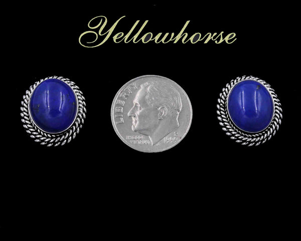 Z Artie Yellowhorse - Navajo<br>5/8" Earrings - Post<br>12mm Lapis Lazuli Oval - Vertical<br>Double Twist - Large & Small<br>Sterling Silver