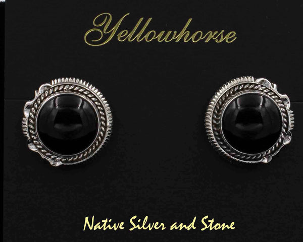 Z Artie Yellowhorse - Navajo<br>EOXTSCP<br>3/4" Earrings - Round<br>Onyx Round<br>Single Twist & Sawcut<br>w Pinches<br>Sterling Silver