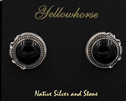 Z Artie Yellowhorse - Navajo<br>EOXTSCP<br>3/4" Earrings - Round<br>Onyx Round<br>Single Twist & Sawcut<br>w Pinches<br>Sterling Silver