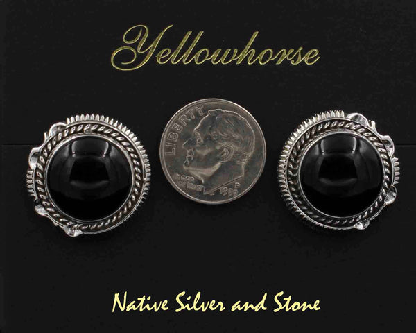 Z Artie Yellowhorse - Navajo<br>EOXTSCP<br>3/4" Earrings - Round<br>Onyx Round<br>Single Twist & Sawcut<br>w Pinches<br>Sterling Silver