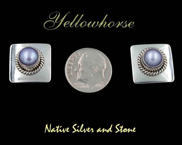 Z Artie Yellowhorse - Navajo<br>5/8" - Earrings - Post<br>8mm Freshwater Grey Pearl<br>Domed Squares<br>Light-Medium<br>Twist-wire Perimeter<br>Sterling Silver
