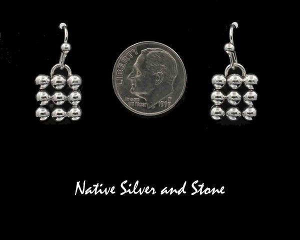 Artie Yellowhorse - Navajo<br>7/16" Earrings<br>Medium Vertical Square<br>9 Small Beads<br> Hook<br> Sterling Silver