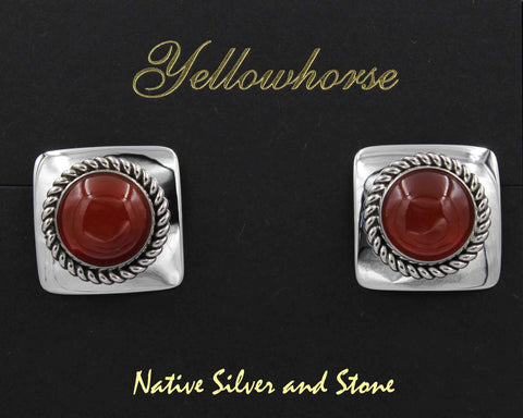 Z Artie Yellowhorse - Navajo<br>3/4"  Earrings <br>12mm Carnelian Rounds<br>Square Silver<br>Single Twist<br>Post<br>Sterling Silver