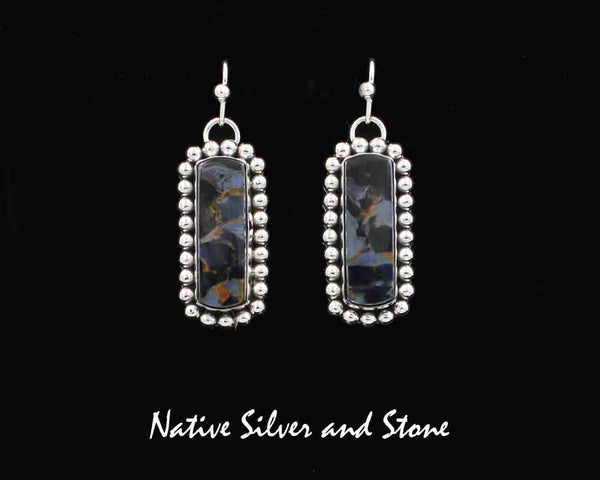 Z Artie Yellowhorse - Navajo<br>Earrings - Shepherd's Hook<br>Natural Pietersite/Pietercite<br>Blue Dominant<br>Vertical Rectangles<br>Handmade Sterling Silver<br>Bead Perimeter