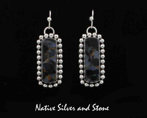 Z Artie Yellowhorse - Navajo<br>Earrings - Shepherd's Hook<br>Natural Pietersite/Pietercite<br>Blue Dominant<br>Vertical Rectangles<br>Handmade Sterling Silver<br>Bead Perimeter