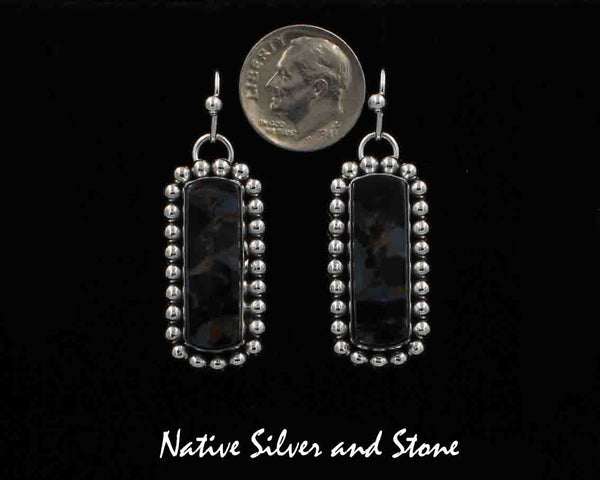 Z Artie Yellowhorse - Navajo<br>Earrings - Shepherd's Hook<br>Natural Pietersite/Pietercite<br>Blue Dominant<br>Vertical Rectangles<br>Handmade Sterling Silver<br>Bead Perimeter