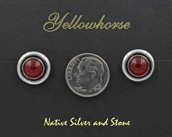 Z Artie Yellowhorse - Navajo<br>1/2" Earrings - Round<br>8mm Carnelian<br>Shadowbox<br>Post<br>Sterling Silver