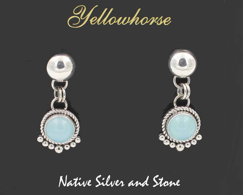 Z Artie Yellowhorse - Navajo<br>1-1/8" Earrings<br>10mm Chalcedony Rounds<br>Dome-Top<br>Twist & 7 Bead Bottom<br>Dangle Post<br>Sterling Silver