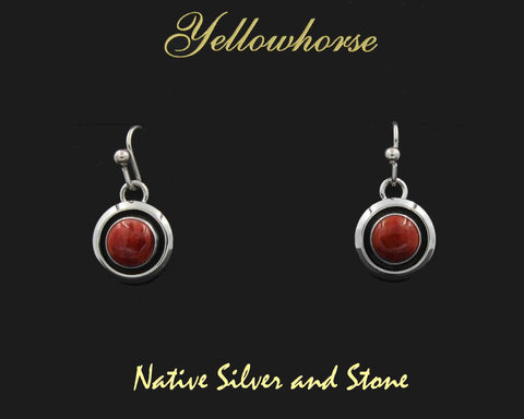 Z Artie Yellowhorse - Navajo<br>1/2" Earrings - Round<br>Shadowbox<br>8mm Red Spiny<br>Hook<br>Sterling Silver