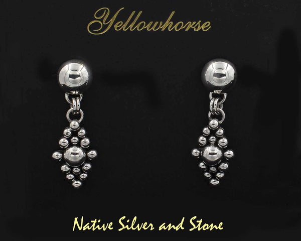 Z Artie Yellowhorse - Navajo<br>1-1/2" Earrings - Diamond Shaped Silver Beaded<br>Silver Dome Top<br>Dangle Post 0917