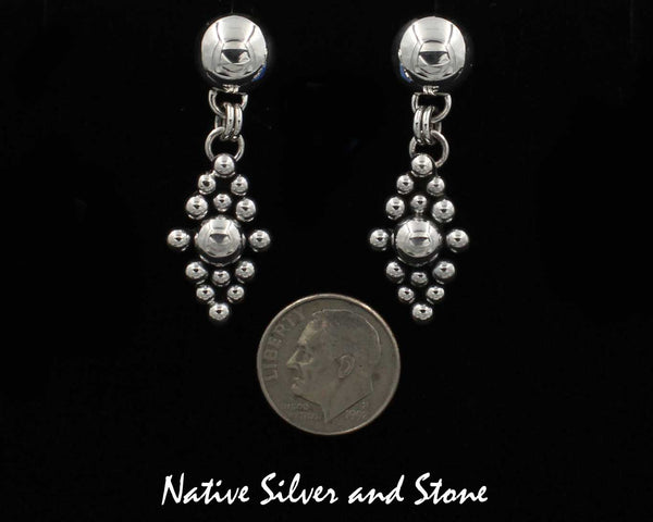 Z Artie Yellowhorse - Navajo<br>1-1/2" Earrings - Diamond Shaped Silver Beaded<br>Silver Dome Top<br>Dangle Post 0917